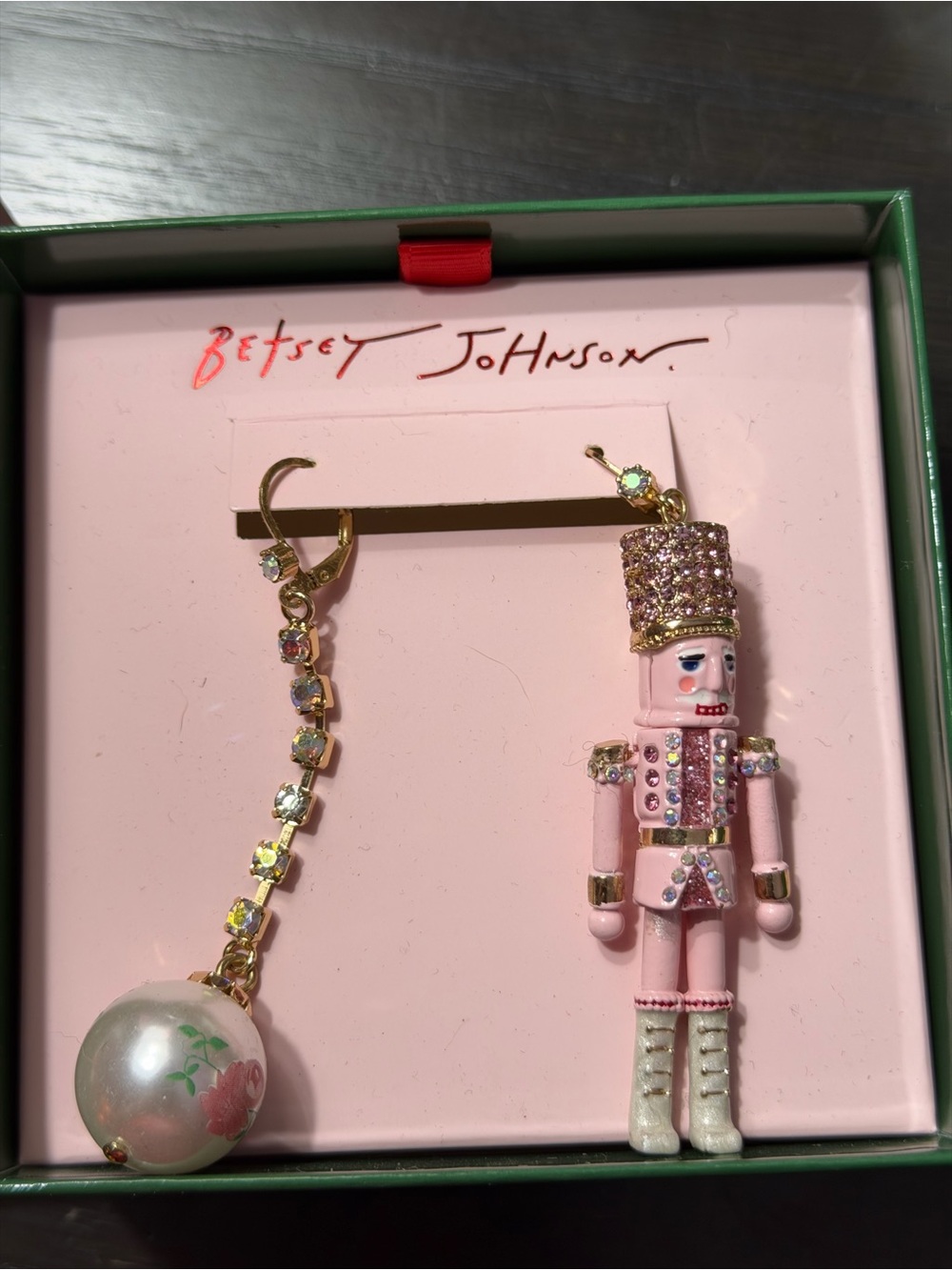 Betsey Johnson Pink Nutcracker Asymmetric Drop Earrings with Pearl